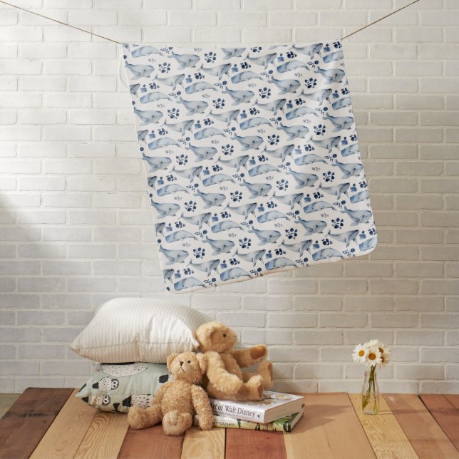 Blue White Whale Ocean Pattern Nursery Baby Blanket (In Situ)