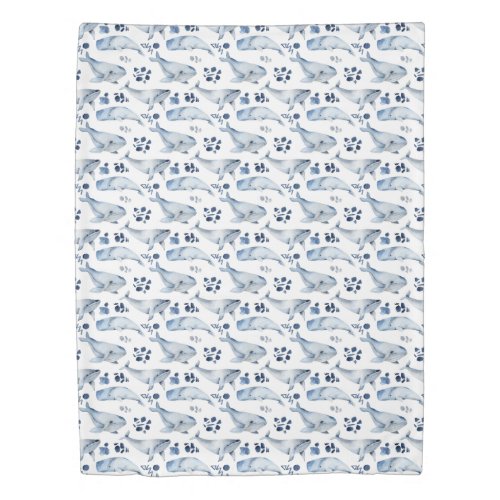 Blue White Whale Ocean Pattern Nursery  Duvet Cover