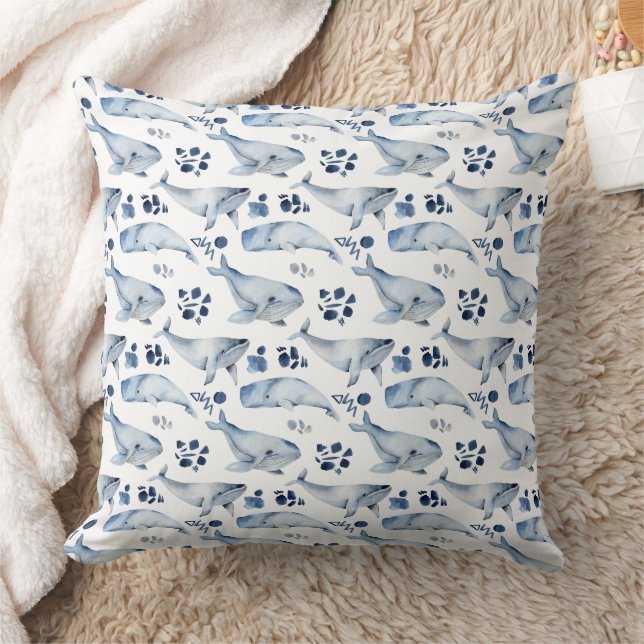  Blue White Whale Ocean Theme Nursery  Throw Pillow (Blanket)