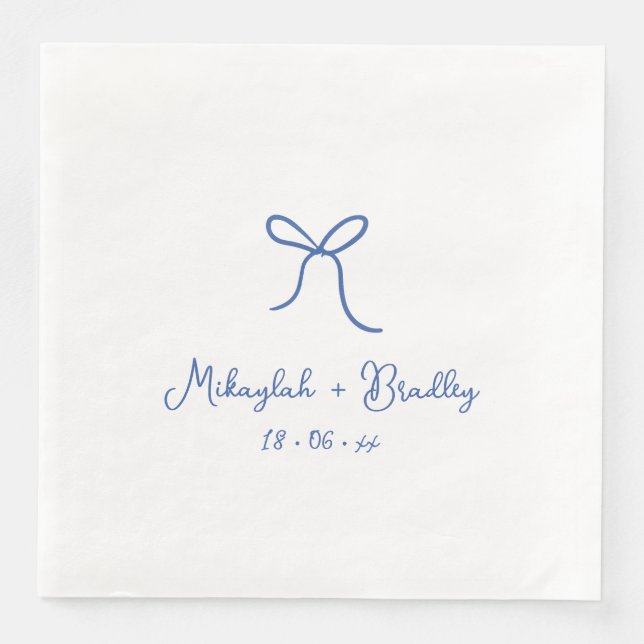 Blue & White Whimsical Bow Personalized Wedding  Paper Dinner Napkins (Front)