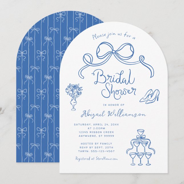 Blue White Whimsical Hand Drawn Bridal Shower Invitation (Front/Back)