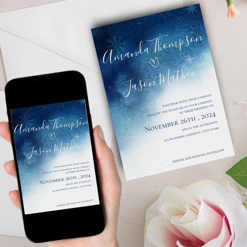 Blue White Whimsical Snowflake Elegance Wedding Invitation