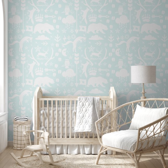 Blue & White Wild Animal Pattern Wallpaper (Kids)
