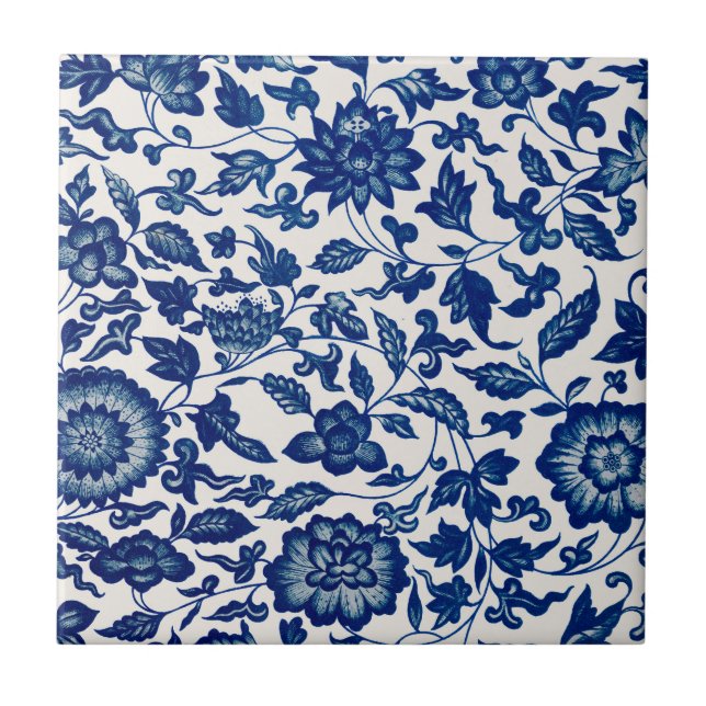 Blue White Wildflower French Country Chinoiserie  Ceramic Tile (Front)