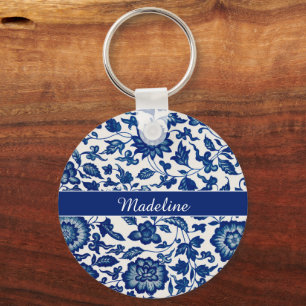 Blue White Wildflower French Country Chinoiserie Keychain