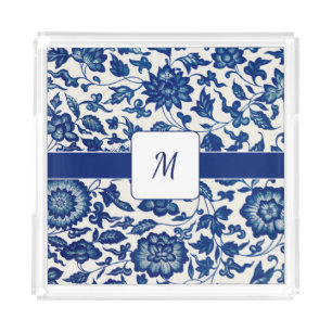 Blue White Wildflower French Country Custom Name Acrylic Tray