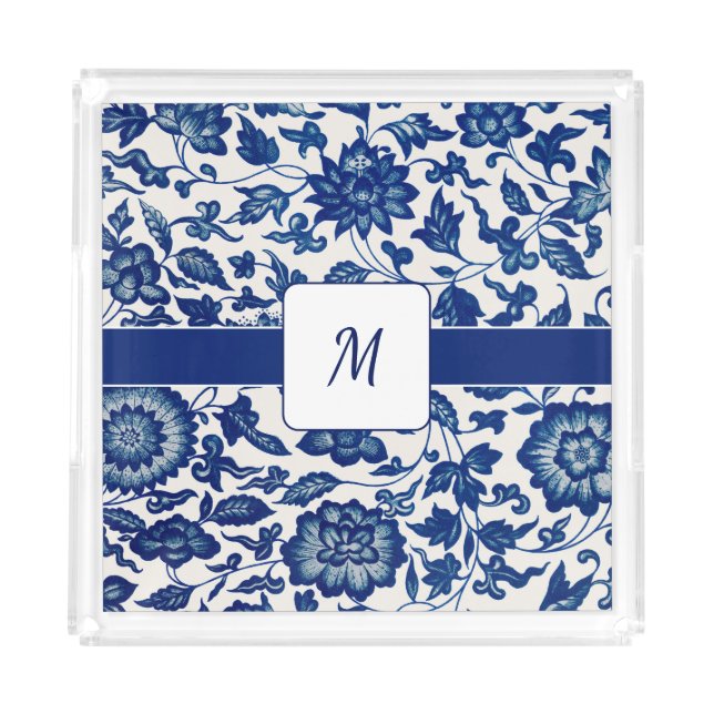 Blue White Wildflower French Country Custom Name Acrylic Tray (Front)