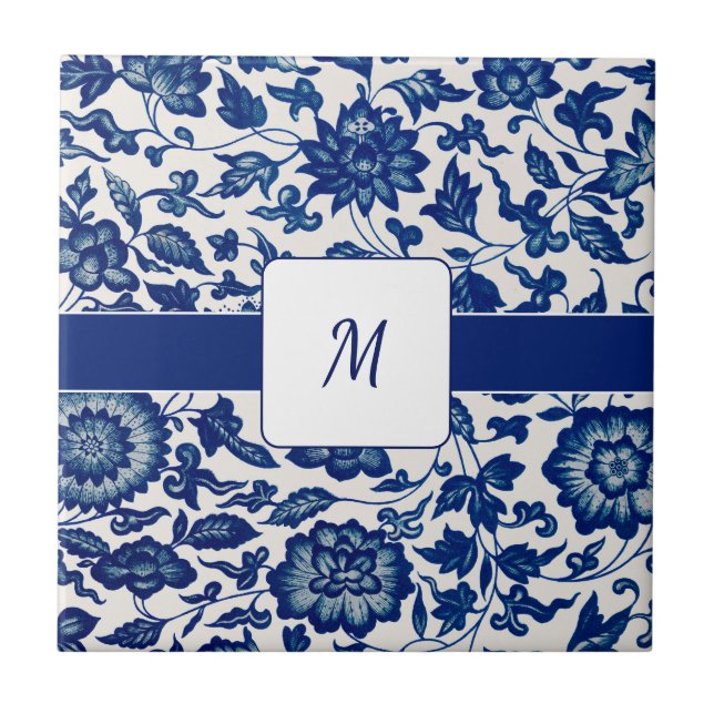Blue White Wildflower French Country Custom Name Ceramic Tile (Front)
