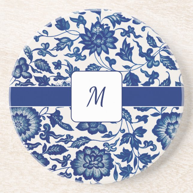 Blue White Wildflower French Country Custom Name Coaster (Front)