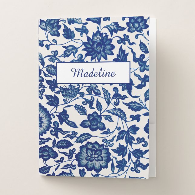 Blue White Wildflower French Country Custom Name  Pocket Folder (Front)