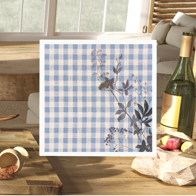 Blue White Wildflower Gingham Plaid Farmhouse Napkins (Creator Uploaded)