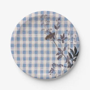 Blue White Wildflower Gingham Plaid Farmhouse Paper Plates