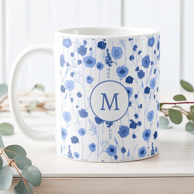 Blue White Wildflower Meadow Botanical Monogram Coffee Mug (Blue white wildflower meadow custom personalized monogram initial coffee mug)