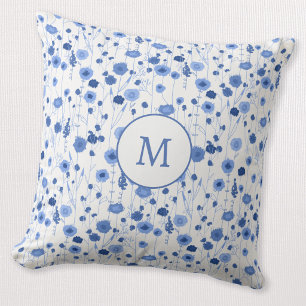 Blue White Wildflower Monogram Initial Floral Throw Pillow