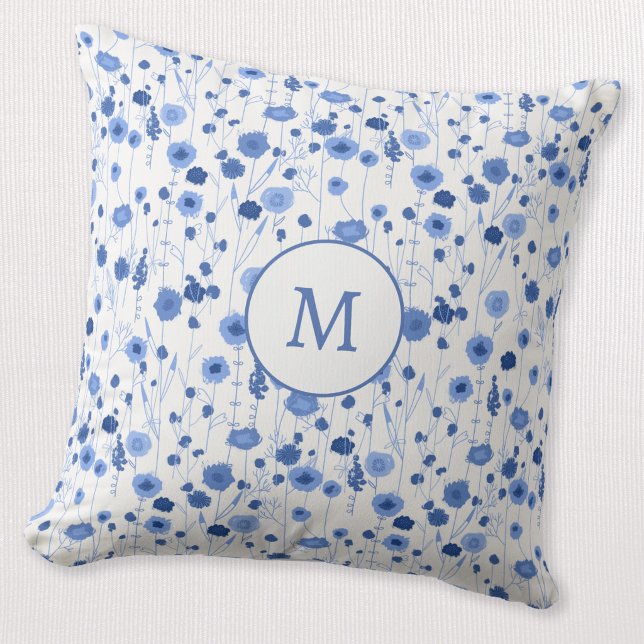 Blue White Wildflower Monogram Initial Floral Throw Pillow (Coastal blue white personalized monogram initial wildflower meadow cottagecore throw pillow)