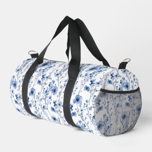 Blue White Wildflower Watercolor Floral Pattern Duffle Bag