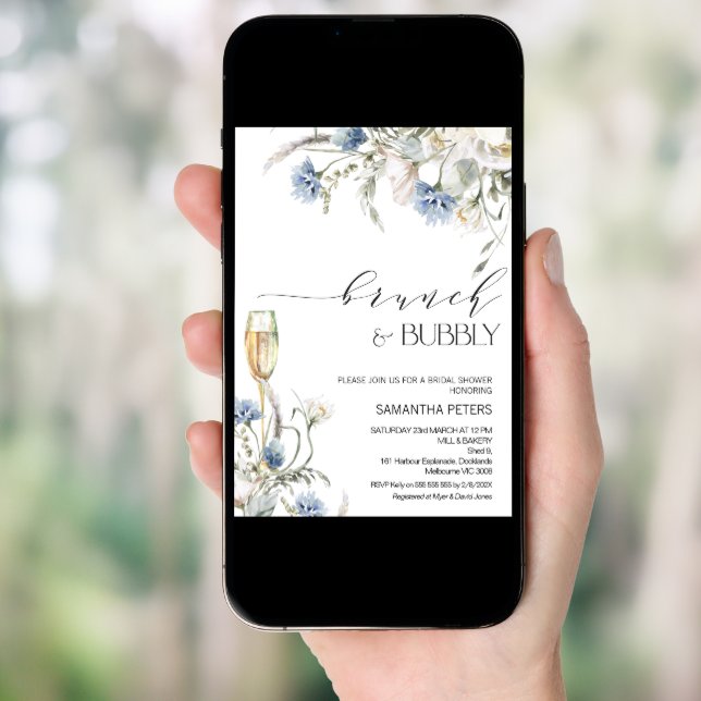 Blue White Wildflowers Brunch Bubbly Bridal Shower Invitation (Front Digital)