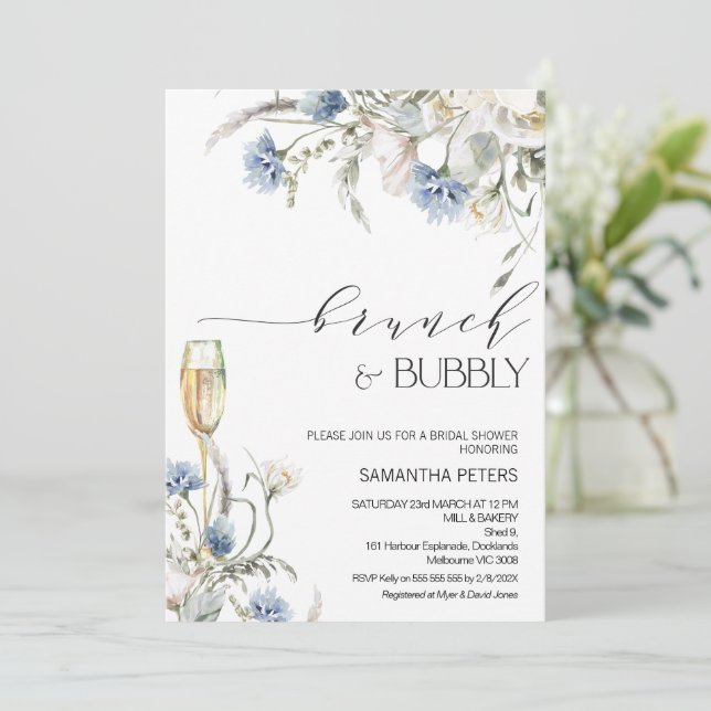 Blue White Wildflowers Brunch Bubbly Bridal Shower Invitation (Standing Front)