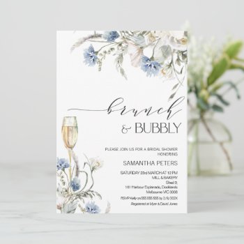 Blue White Wildflowers Brunch Bubbly Bridal Shower Invitation by figtreedesign at Zazzle
