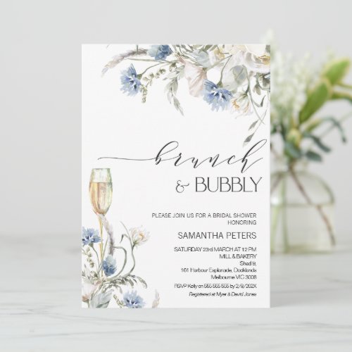 Blue White Wildflowers Brunch Bubbly Bridal Shower Invitation