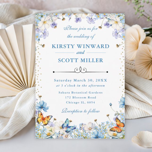 Blue White Wildflowers & Butterflies Wedding Invitation (Creator Uploaded)