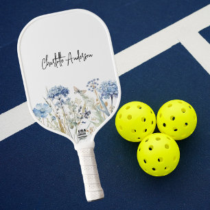 Blue white wildflowers name script carbon fiber pickleball paddle