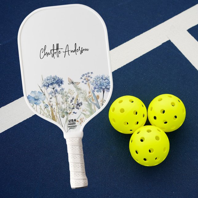 Blue white wildflowers name script pickleball paddle (Creator Uploaded)