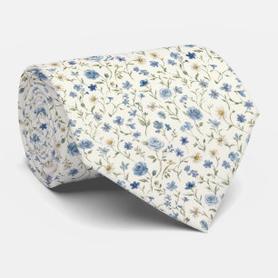 Blue White Wildflowers Roses Wedding Groom Neck Tie