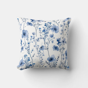 Blue White Wildflowers Watercolor Floral Pattern Throw Pillow