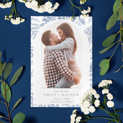 Blue White Willow Floral Photo Wedding Save The Date