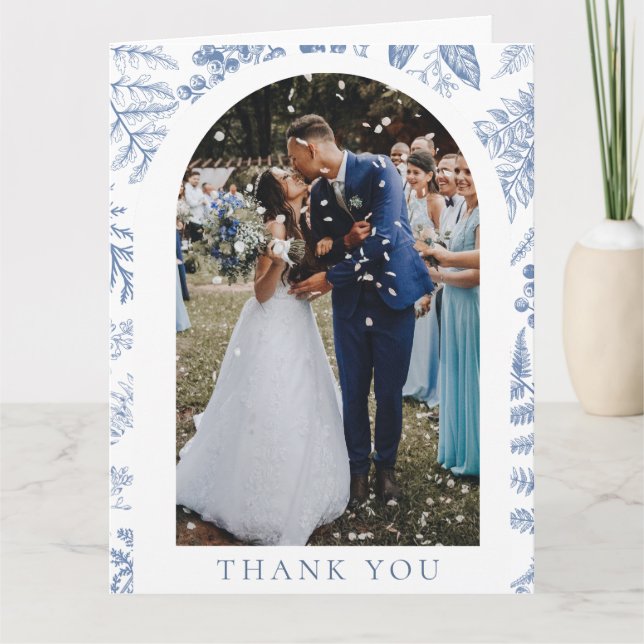 Blue White Willow Floral Photo Wedding Thank You Card (Front)