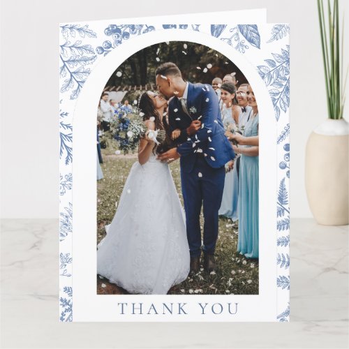 Blue White Willow Floral Photo Wedding Thank You Card