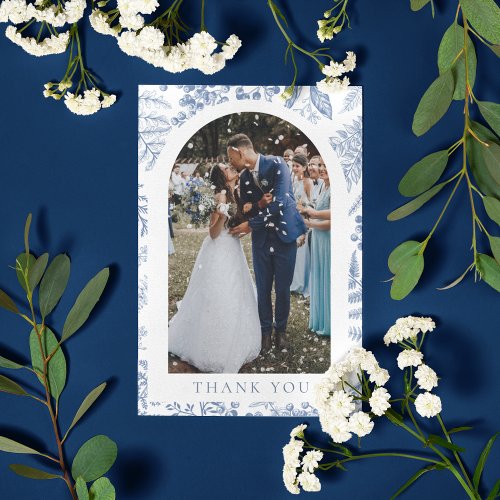 Blue White Willow Floral Photo Wedding Thank You Card