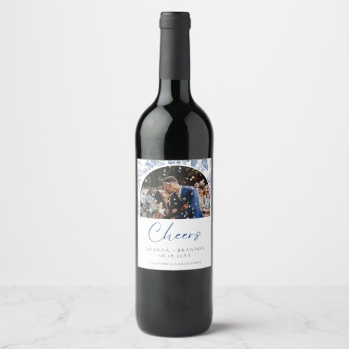 Blue White Willow Floral Photo Wedding Wine Label