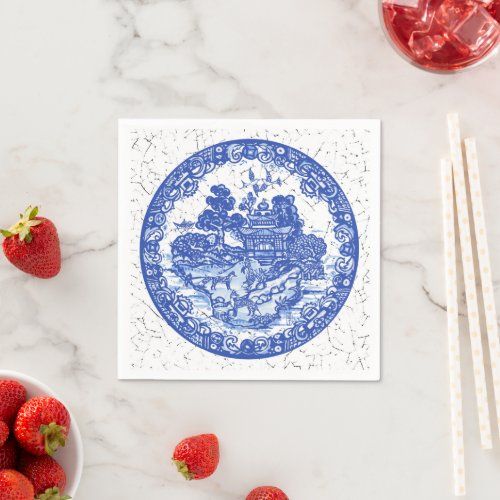 Blue White Willow Fox Woodland Crackle Look  Napkins