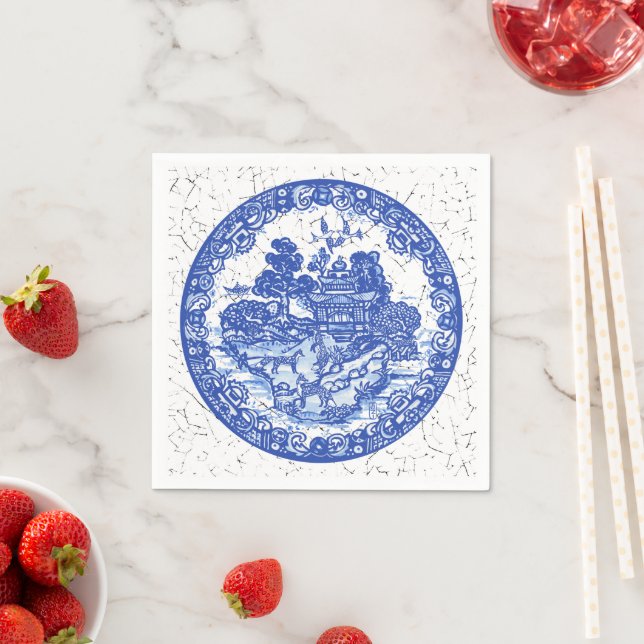 Blue White Willow Fox Woodland Crackle Look  Napkins (Insitu)
