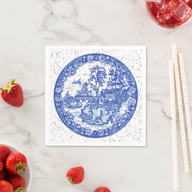 Blue White Willow Rabbit Whimsical Crackle Look Napkins (Insitu)