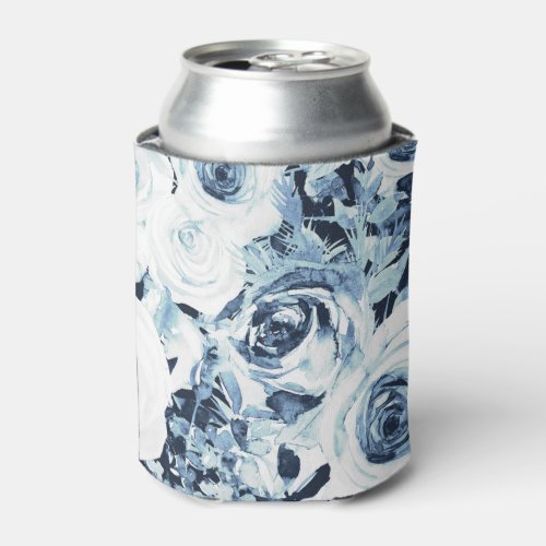 Blue White Winter Floral Roses Vintage Shabby Chic Can Cooler