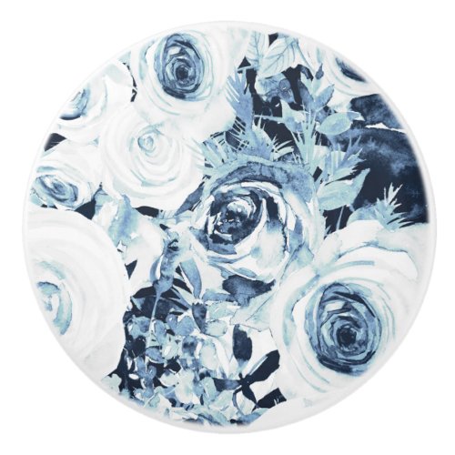 Blue White Winter Floral Roses Vintage Shabby Chic Ceramic Knob
