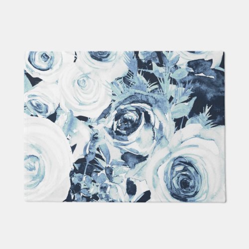 Blue White Winter Floral Roses Vintage Shabby Chic Doormat