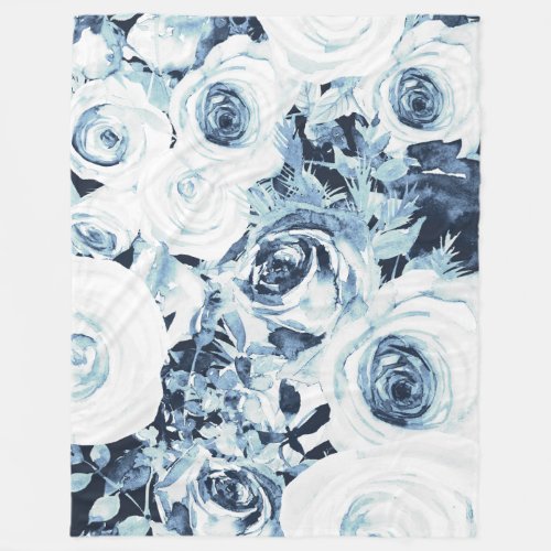 Blue White Winter Floral Roses Vintage Shabby Chic Fleece Blanket