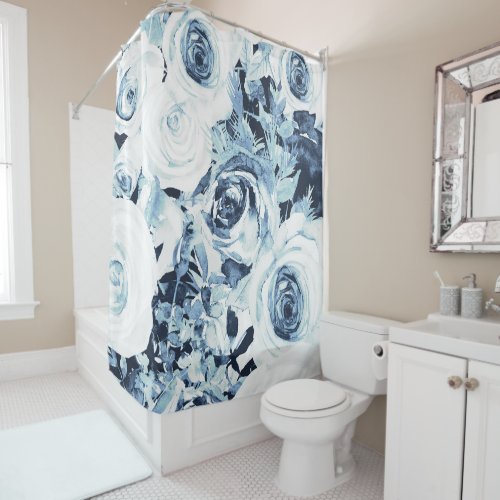 Blue White Winter Floral Roses Vintage Shabby Chic Shower Curtain