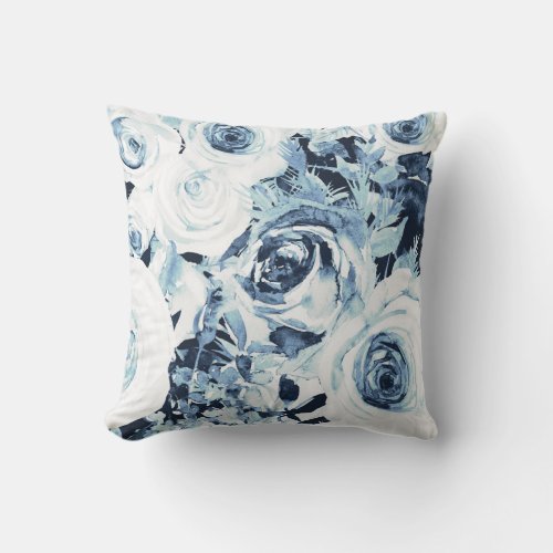 Blue White Winter Floral Roses Vintage Shabby Chic Throw Pillow