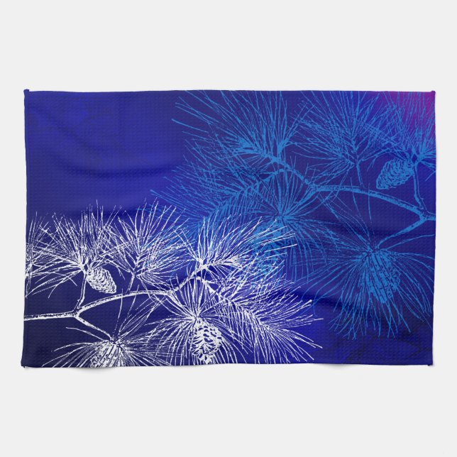 Blue White Winter Holiday Pine Kitchen Towel (Horizontal)
