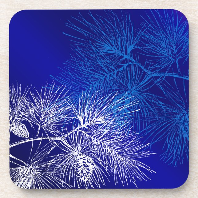Blue White Winter Pine Pattern Beverage Coaster (Front)