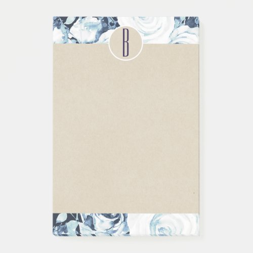 Blue White Winter Roses Kraft Rustic Monogram Post_it Notes