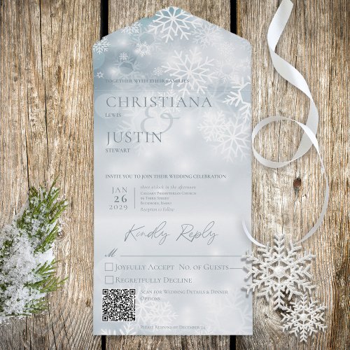 Blue  White Winter Snow Modern QR Code All In One Invitation