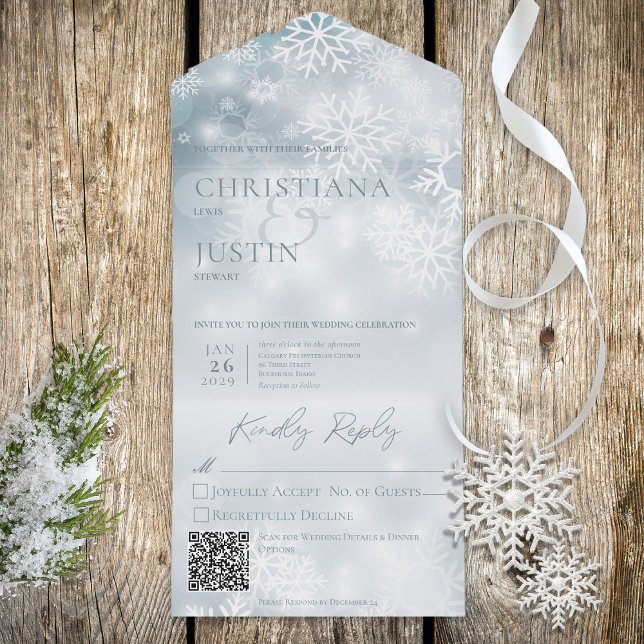 Blue & White Winter Snow Modern QR Code All In One Invitation (Creator Uploaded)