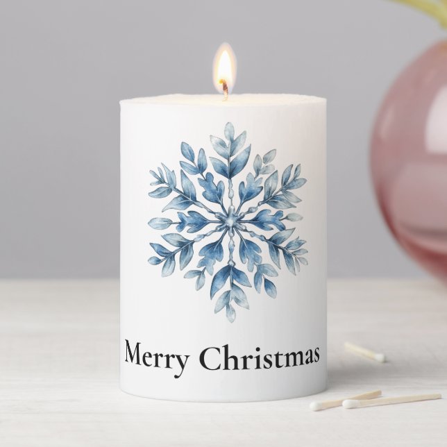 Blue White Winter Snowflake Christmas Pillar Candle (In Situ)