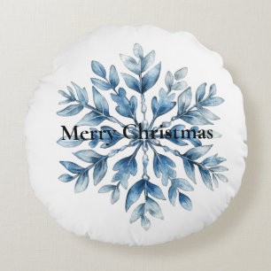 Blue White Winter Snowflake Christmas Round Pillow